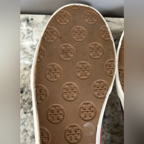 Tory Burch Raymond Canvas Flats Black Patent Logo Slip Ons Red White Blue Size 8 - Picture 13 of 13